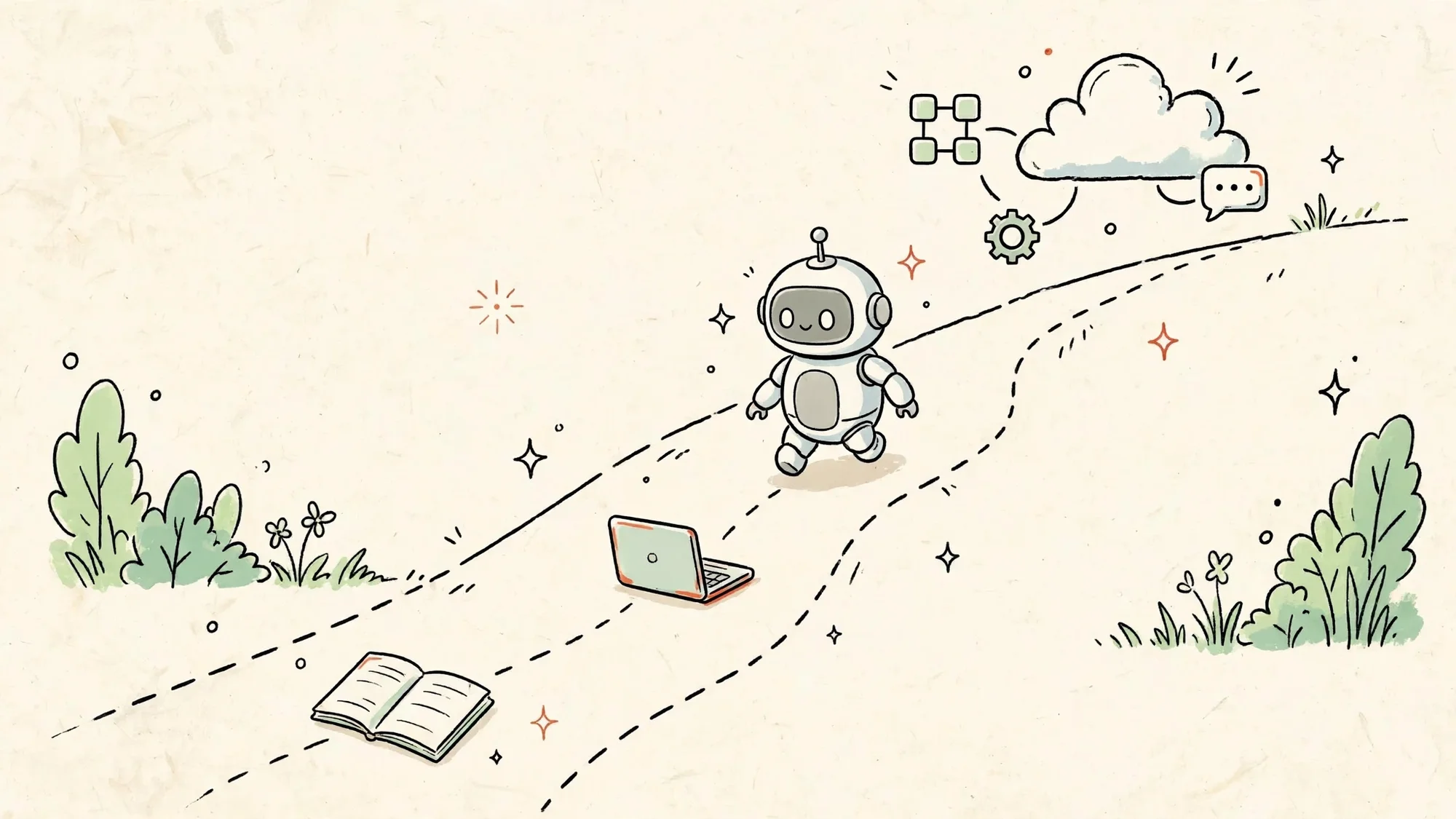 Lộ trình ba giai đoạn leo đồi: cuốn sổ, laptop và đám mây ứng dụng, robot đi lên theo đường