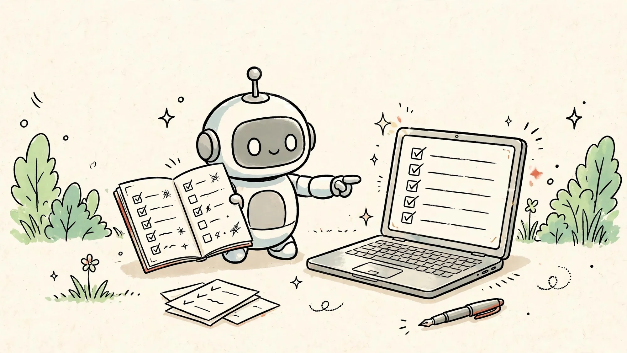 Robot cầm cuốn sổ đầy việc rời rạc và chỉ vào danh sách công việc số gọn gàng trên laptop
