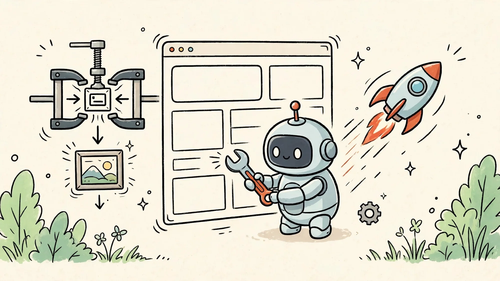 Robot như thợ máy chỉnh website bằng cờ lê, nén ảnh nhỏ lại và gắn tên lửa tăng tốc trang