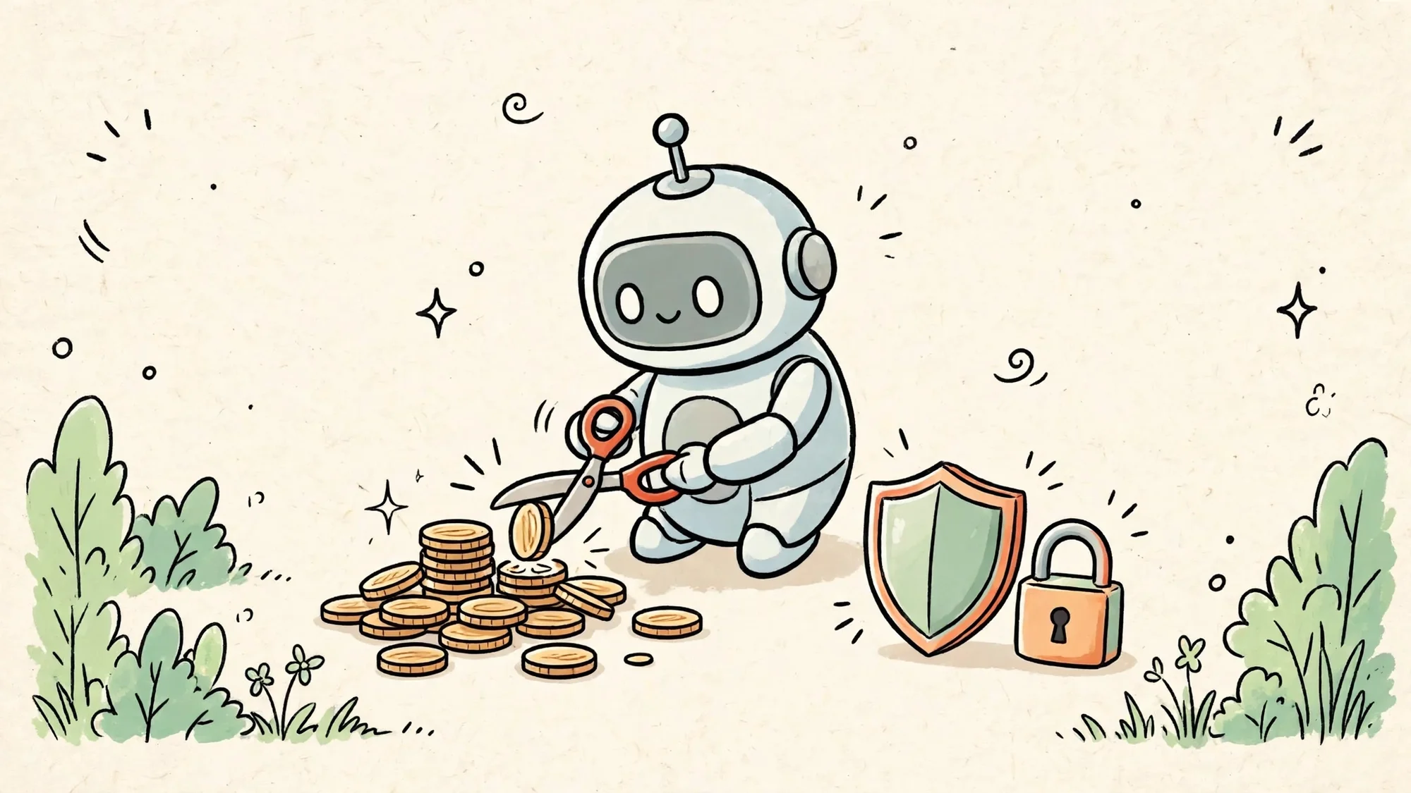 Robot dùng kéo nhỏ cắt bớt chồng tiền trong khi khiên và ổ khóa bảo mật vẫn giữ nguyên