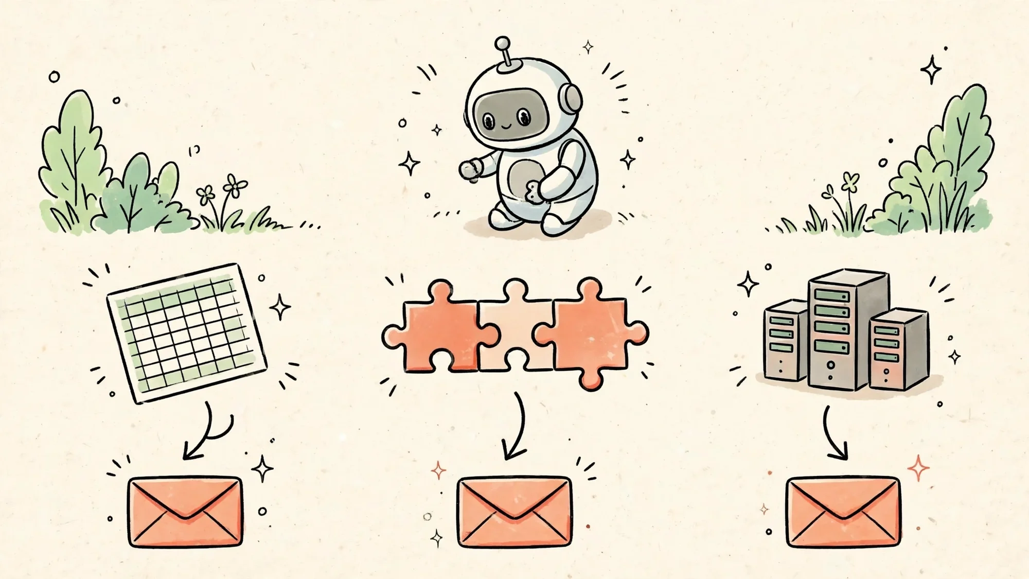 Robot so sánh ba cách gửi email tự động: bảng tính, công cụ nối và máy chủ riêng