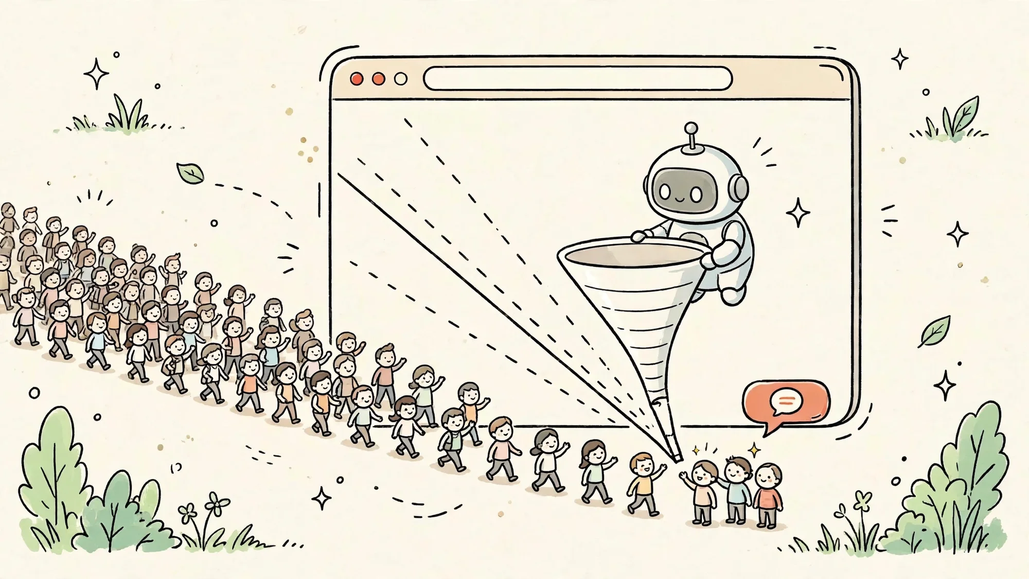 Robot cầm phễu lọc khách truy cập website, nhiều người vào nhưng chỉ vài người bấm liên hệ