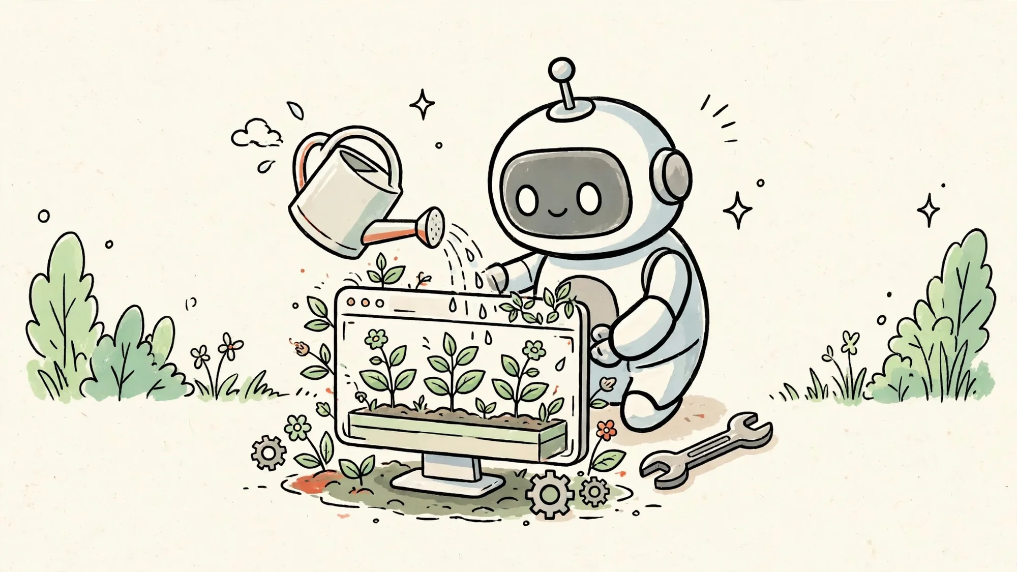 Robot chăm website như người làm vườn với bình tưới và cờ lê bên cửa sổ trình duyệt mọc cây xanh