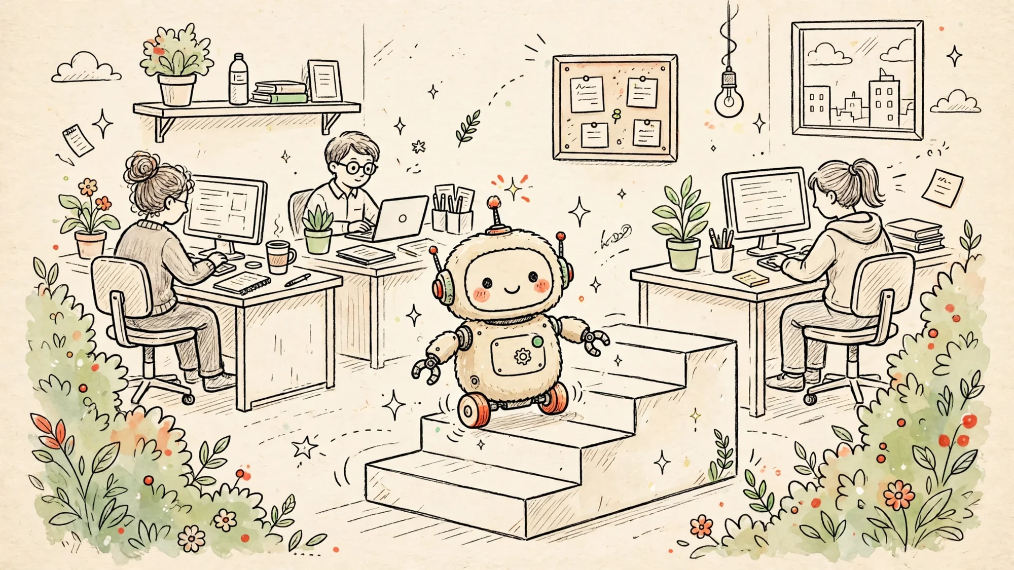 Văn phòng nhỏ và robot đưa phần mềm quản lý vào dùng từng bước như bậc thang ba nấc