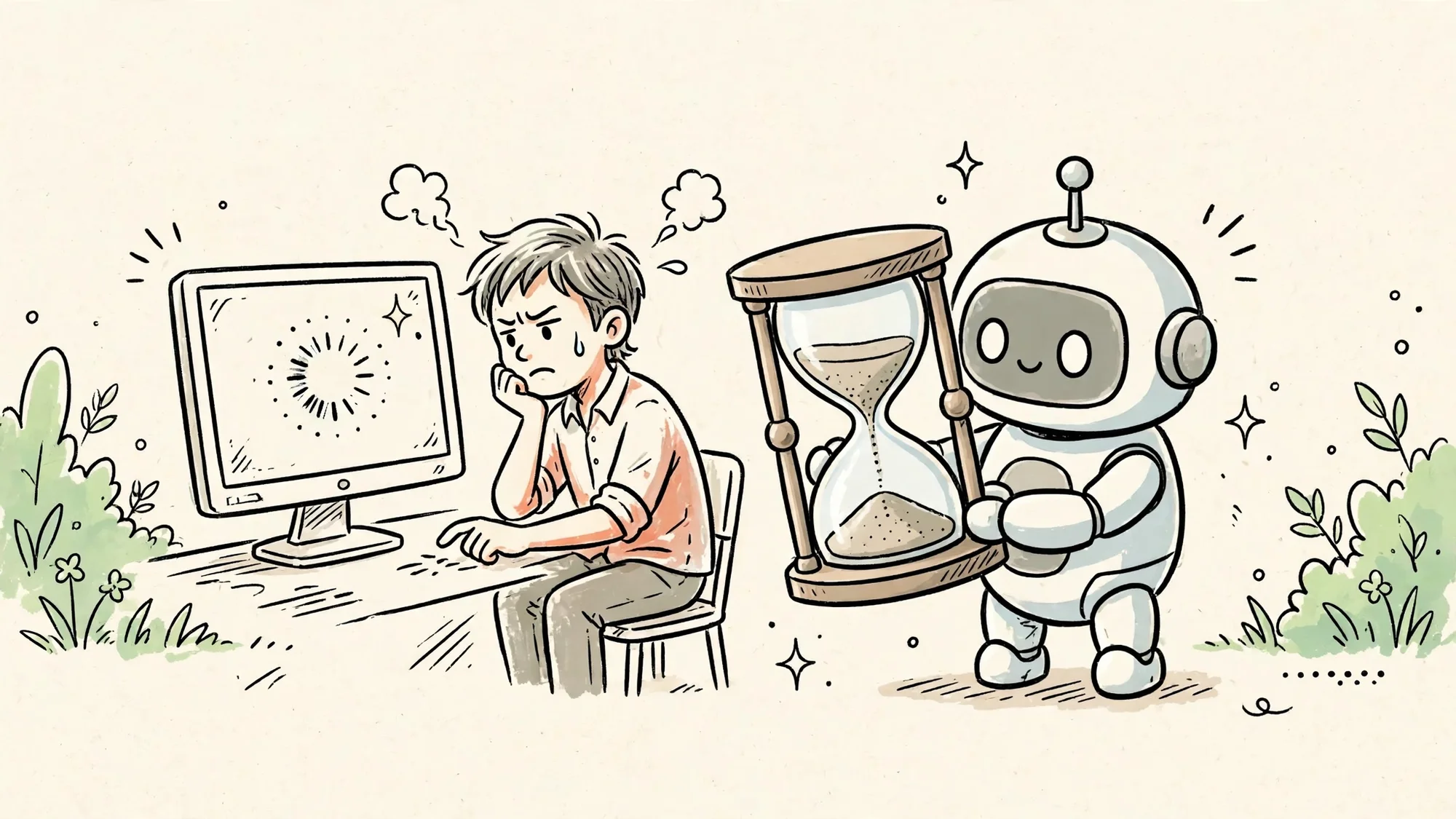 Khách chờ sốt ruột trước màn hình tải chậm, robot ôm đồng hồ cát lớn