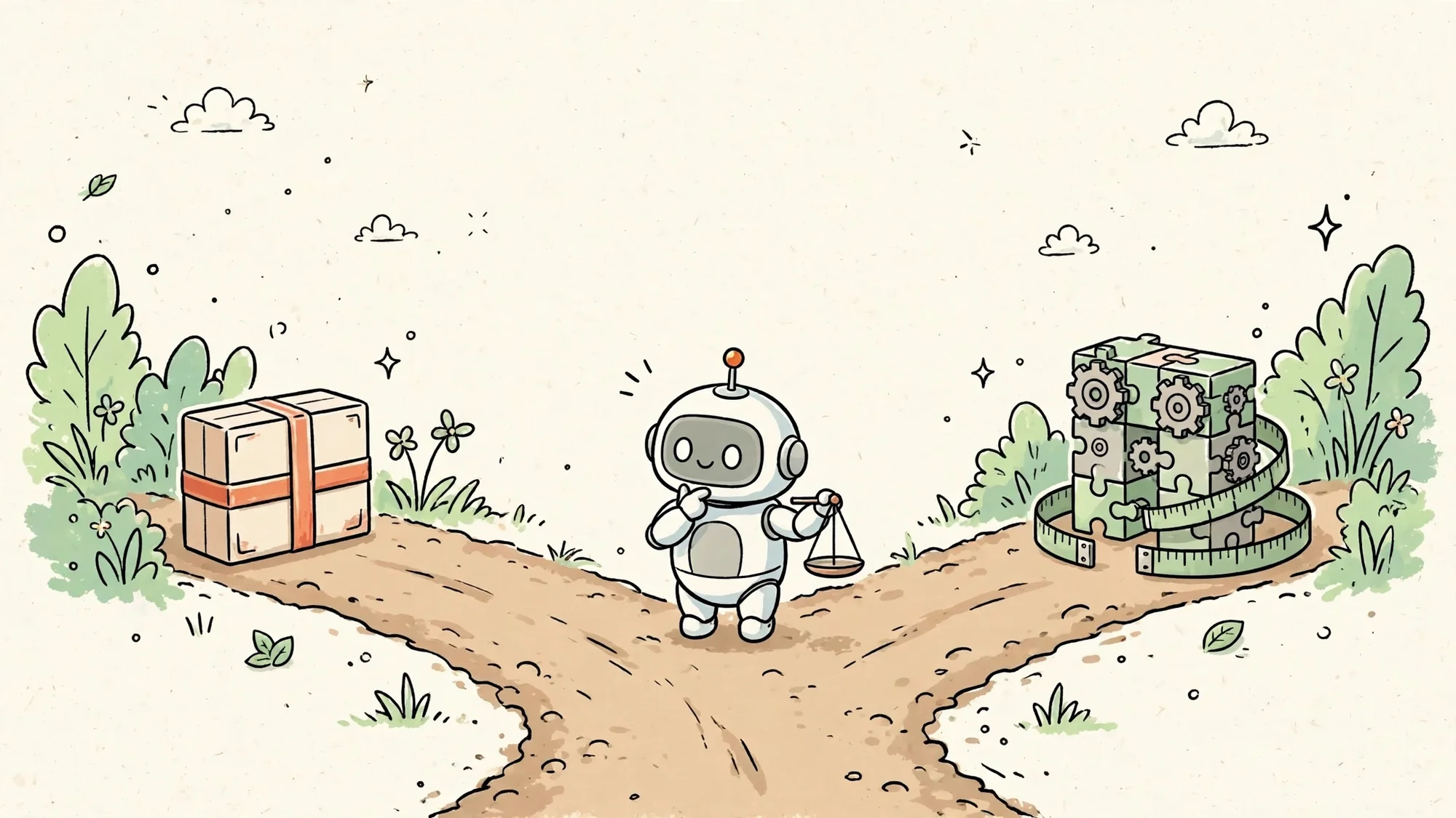 Robot đứng ở ngã rẽ giữa hộp phần mềm có sẵn và ứng dụng làm riêng có thước đo may đo