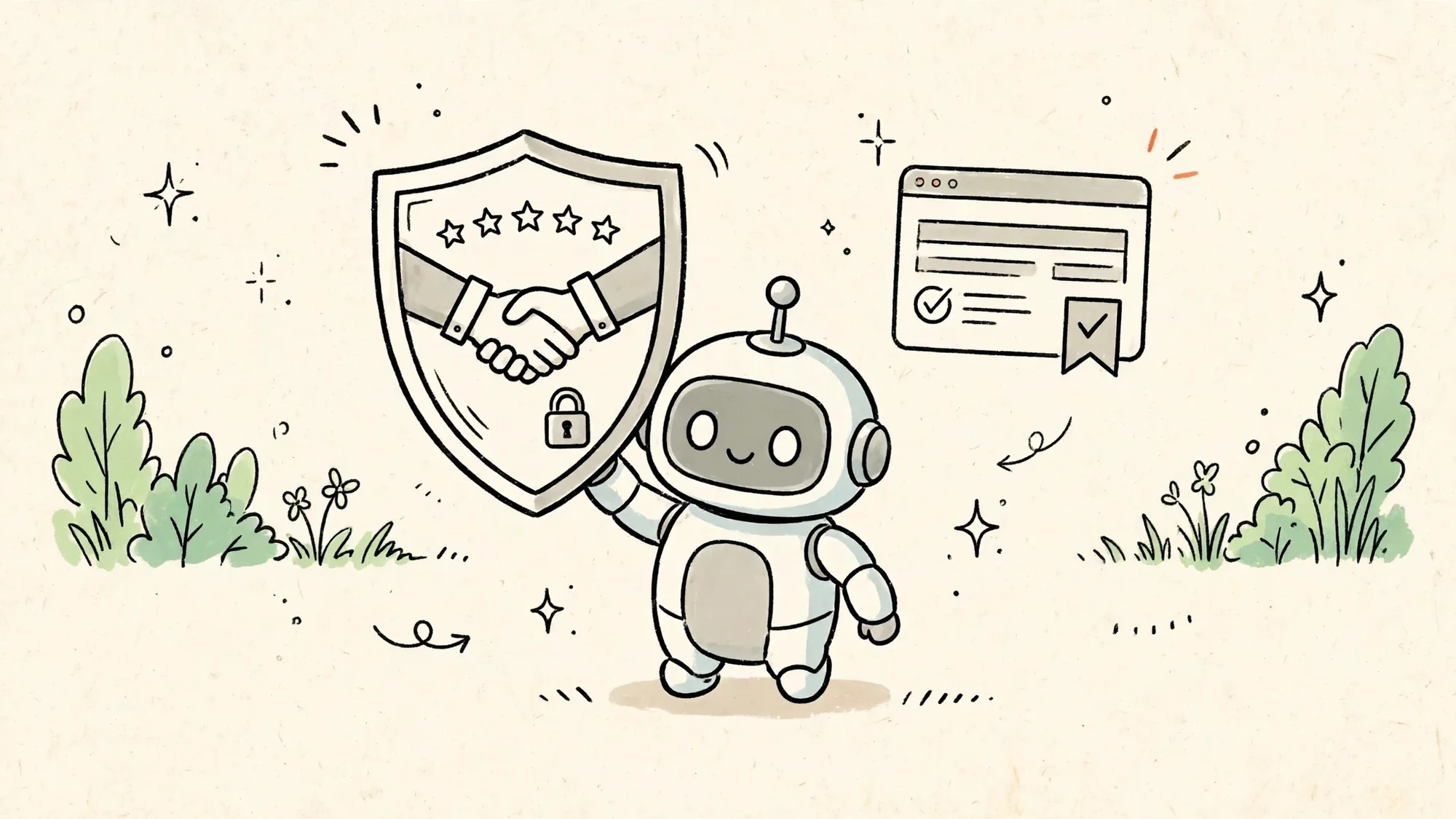 Robot giơ khiên có cái bắt tay, năm sao và ổ khóa cạnh cửa sổ website, minh họa tạo niềm tin