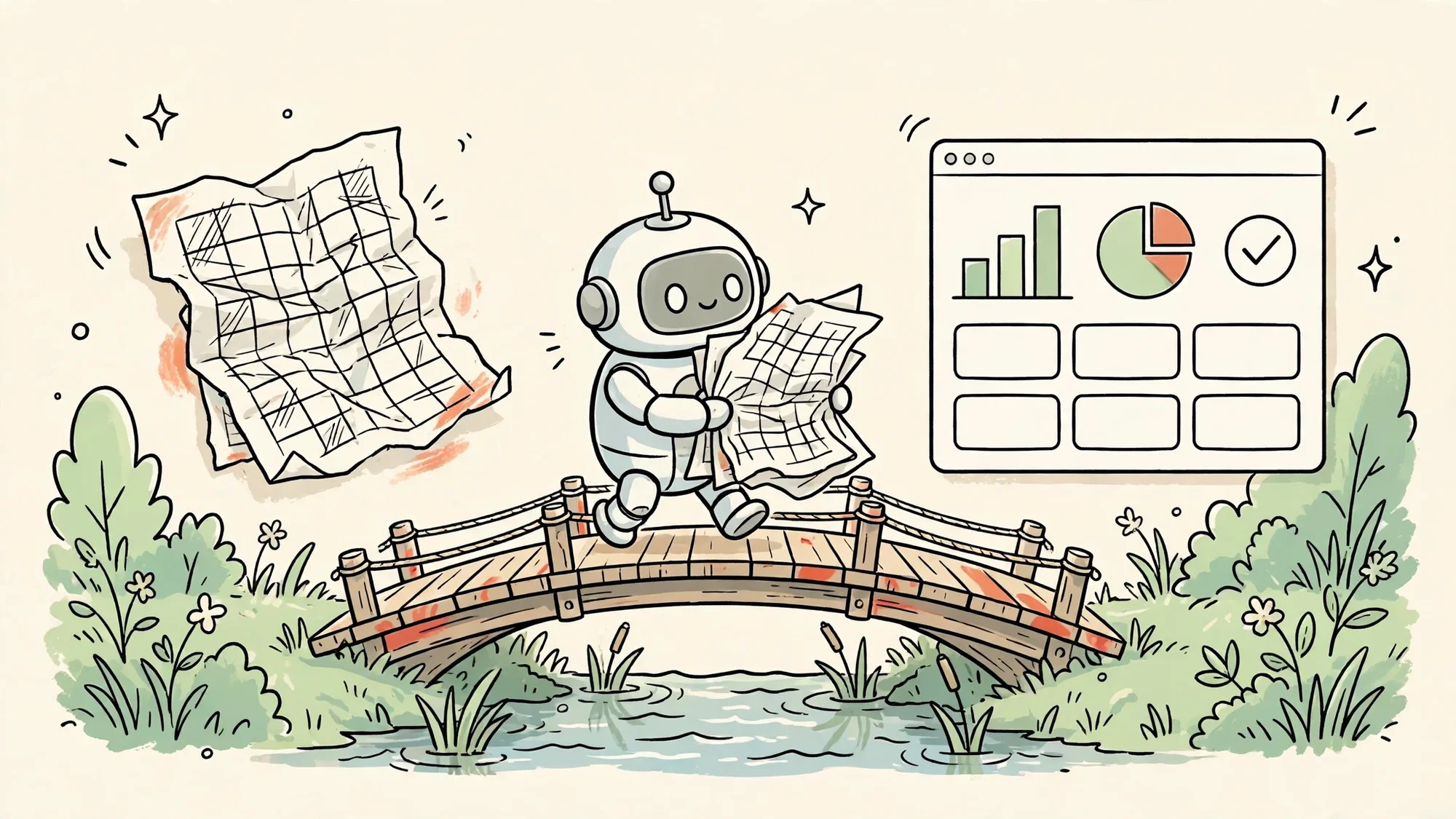 Robot mang bảng tính lộn xộn qua cây cầu nhỏ sang cửa sổ phần mềm gọn gàng