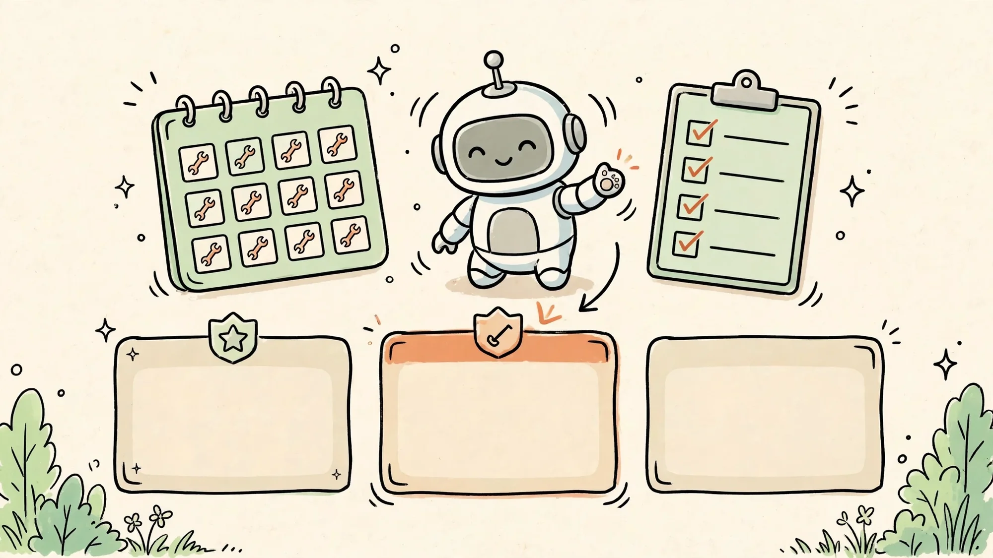 Lịch có cờ lê trên mỗi tháng và danh sách việc cần làm, robot chọn một thẻ gói dịch vụ