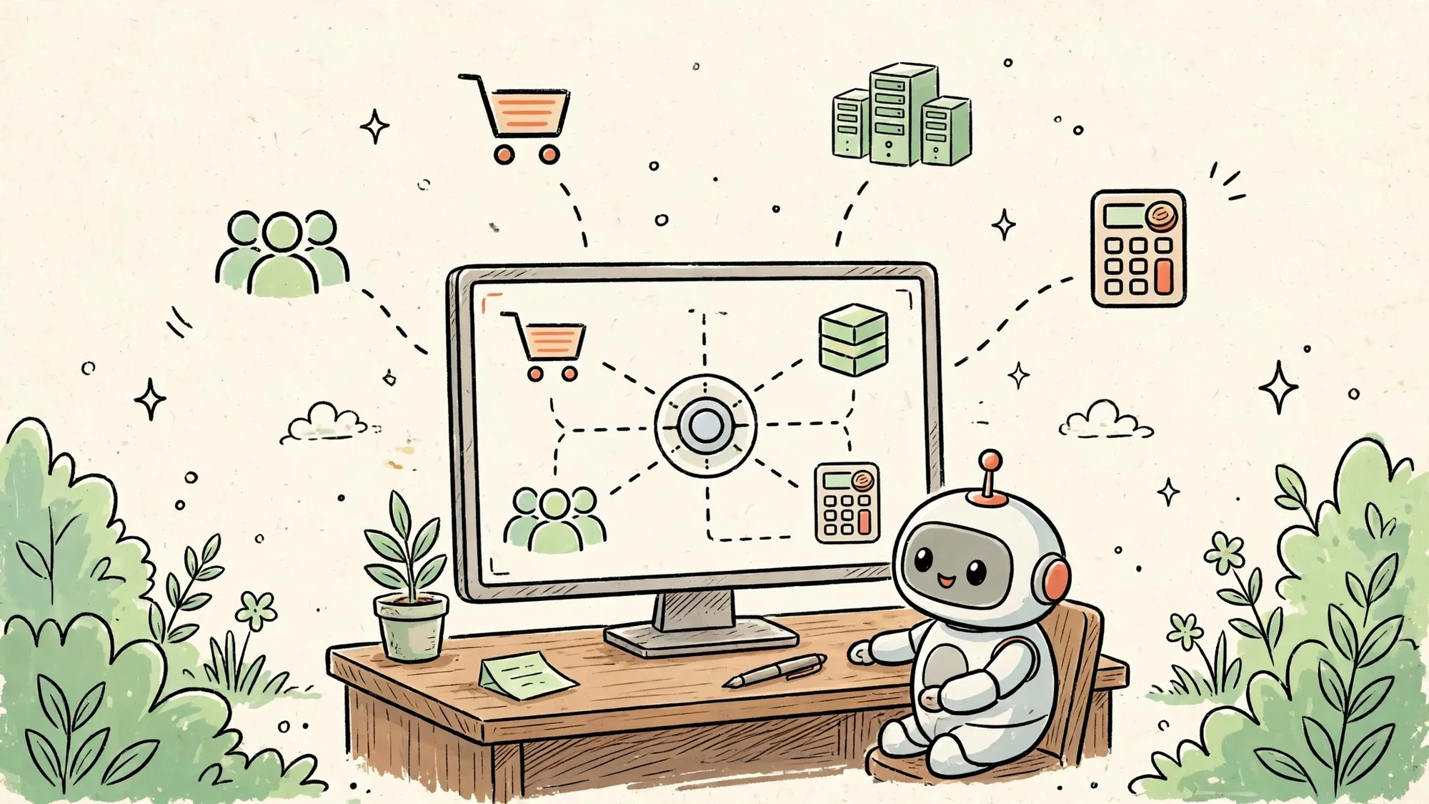Robot ngồi ở bàn làm việc với một bảng điều khiển quản lý nối các biểu tượng bán hàng, kho, nhân sự và kế toán