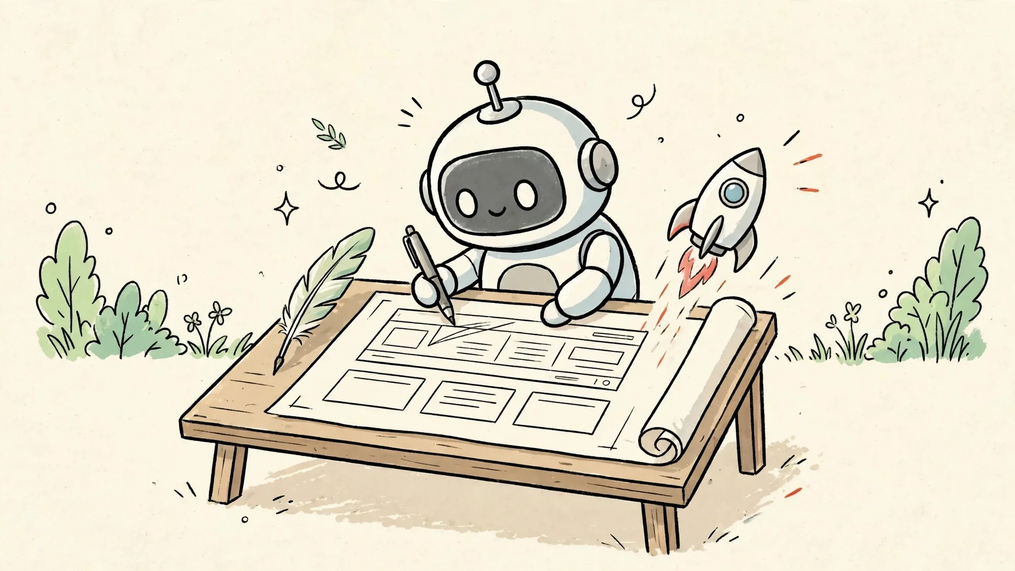 Robot vẽ bản thiết kế website nhẹ và nhanh trên bàn vẽ, cạnh chiếc lông vũ và tên lửa nhỏ